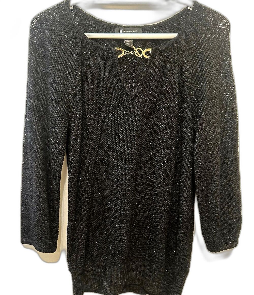INC International Concepts Black Sequin Sweater M Gold Toggle Keyhole Party